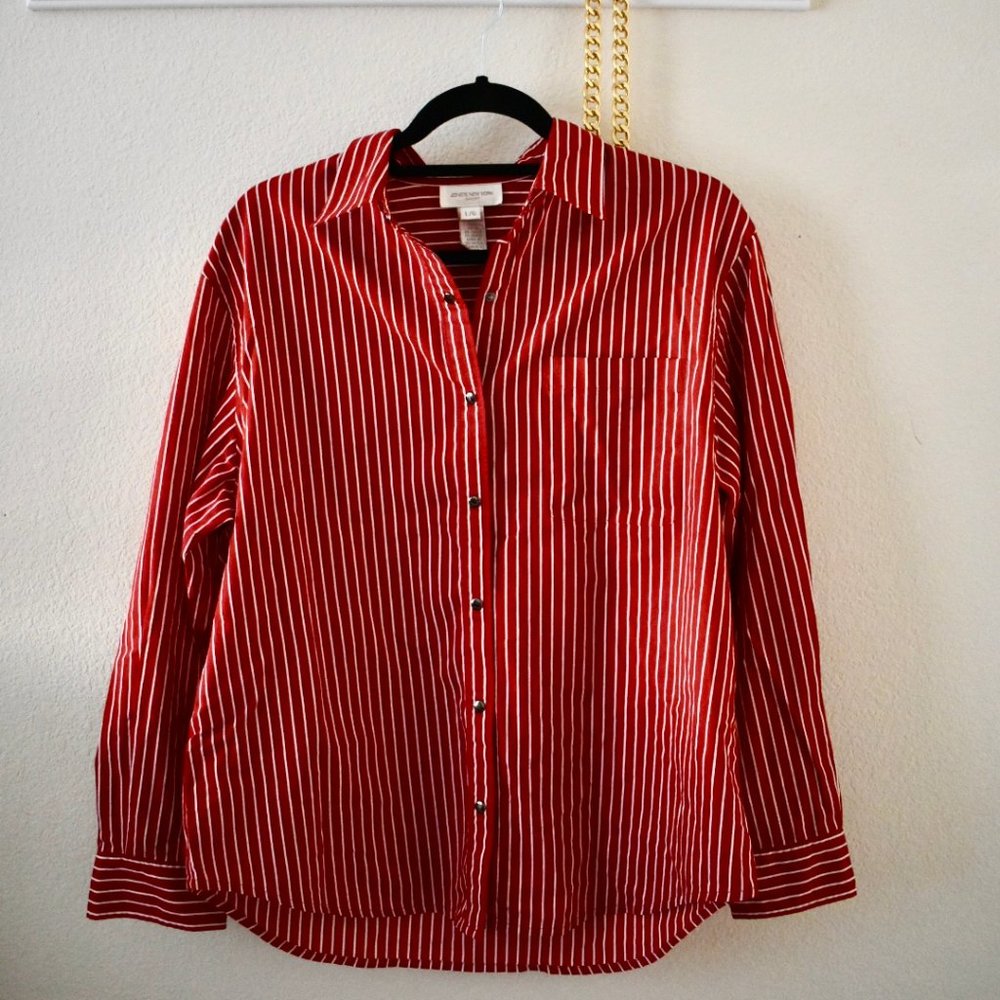 Jones New York Red Striped Button Down Blouse